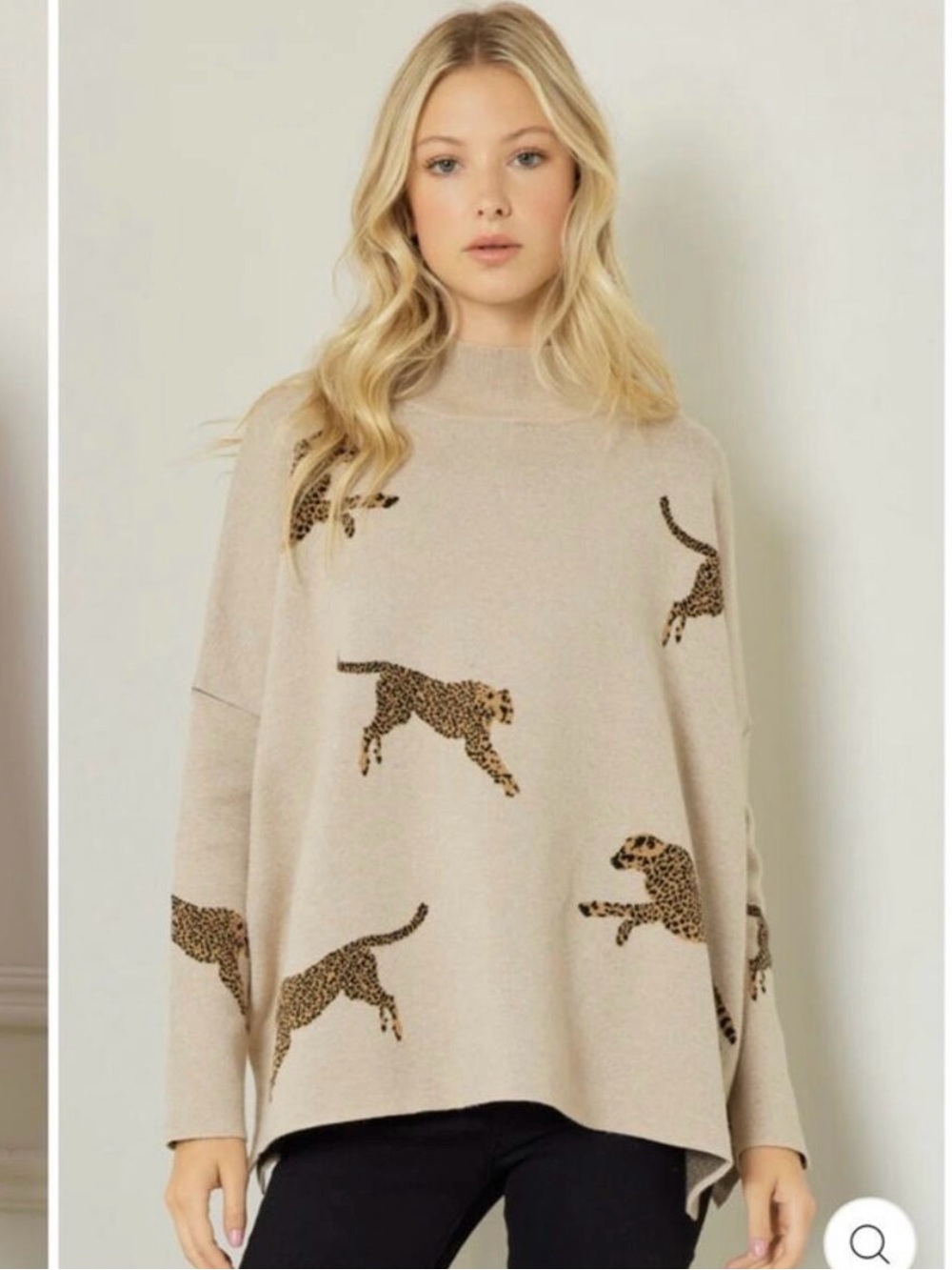 Beige Leopard-Print Relaxed Turtleneck Sweater